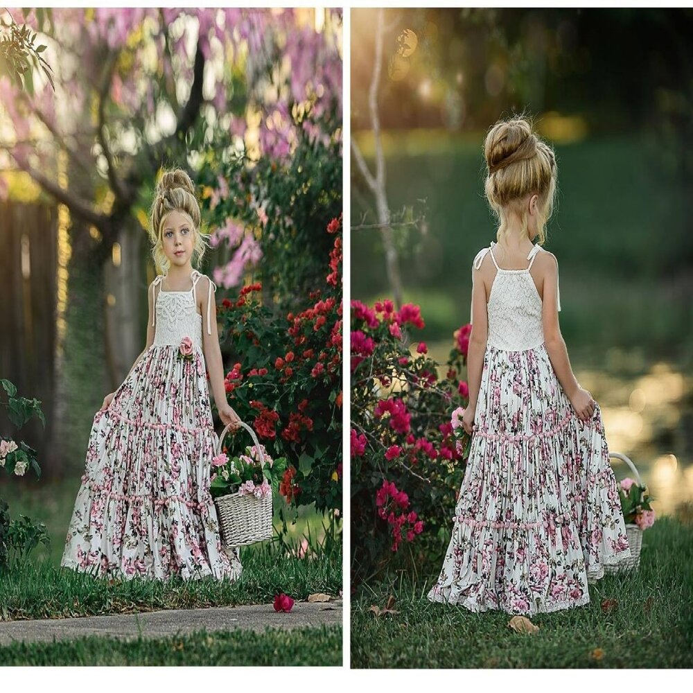 NEW Dollcake Boho Floral Waterfall Maxi Dress Lace Pom Pom detail Girls sz 3